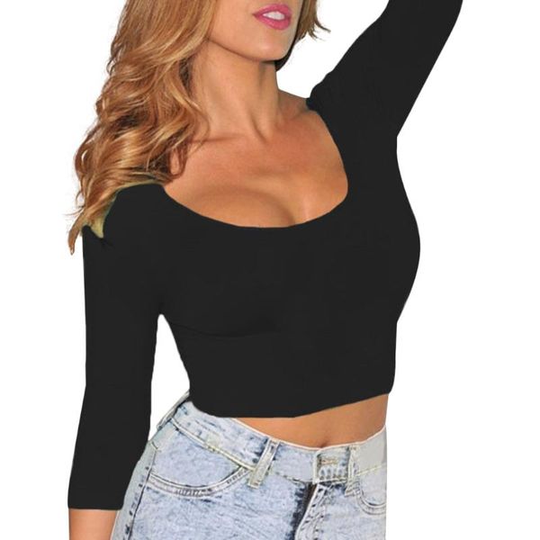 

women long sleeve stretchable tight scoopneck crop ultra short shirt, White