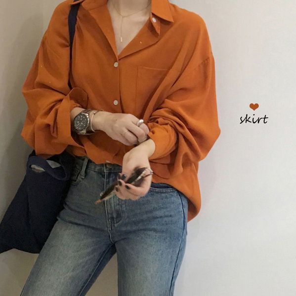 

dark orange solid color shirt women long sleeve blouse spring cool girl chemise femme chemisier blusa mujer camisa, White