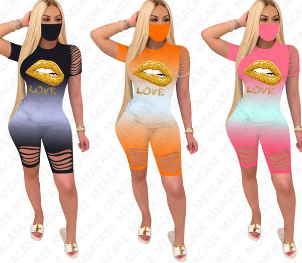 

women lips print tracksuit letters color gradient t-shirt shorts sets fashion ripple hole outfit summer two piece clothing sport suit d7609, White