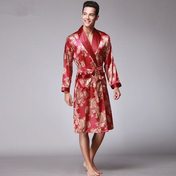 

luxury chinese king dragon men robe print satin silk pajamas kimono long bathrobe for men plus size 3xl home wear clothing, Black;brown