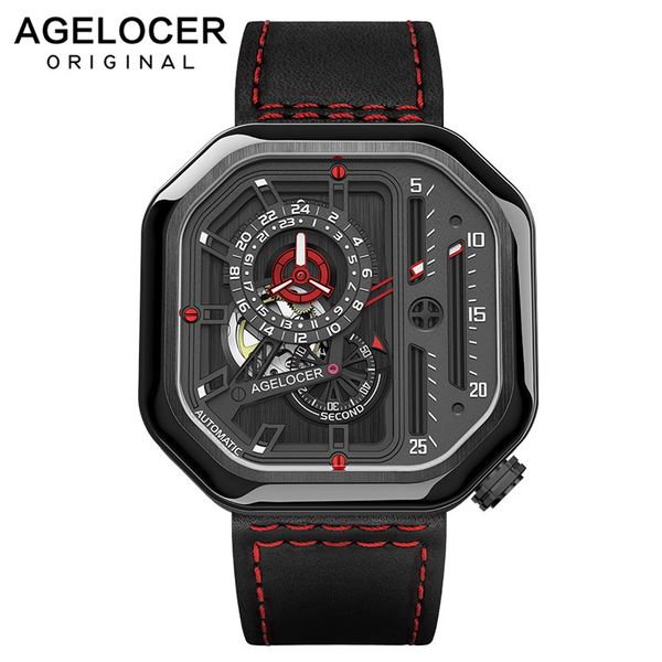 

agelocer switzerland self-wind mechanical watch men automatic big square black leather wrist watches reloj hombre 2019 luxury, Slivery;brown