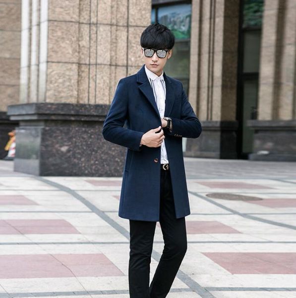 

single-breasted casual woolen coat men trench coats long sleeves overcoat mens cashmere coat casaco masculino england dark blue, Black
