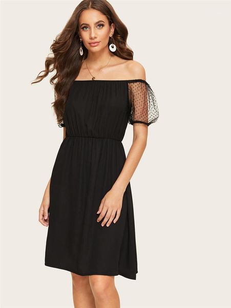 

designer midi dresses casual slash neck natural color dresses fashion polka dot panelled sleeve dresses womens, Black;gray