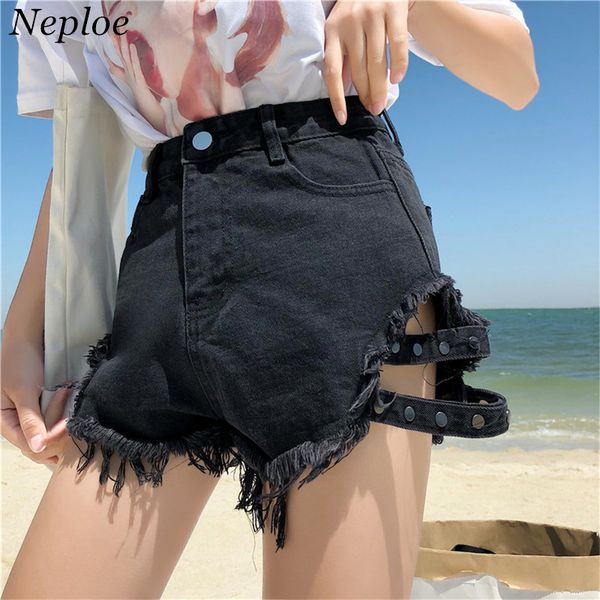 

neploe summer street fashion women rivet denim shorts 2020 korean high waist shorts holes zipper bottom wear 67679, White;black