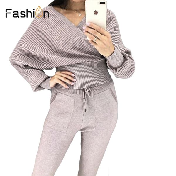 

women winter two piece set knitted warm suit v collar sweater+long pants knit 2 piece set track suit sweatsuits sets outfits, White