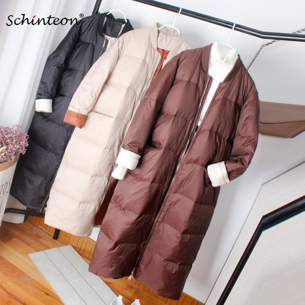 

Schinteon New Korean Style Baseball Down Jacket Coat Loose Winter Long Outwear 90% White Duck Down Coat Over Size, Black