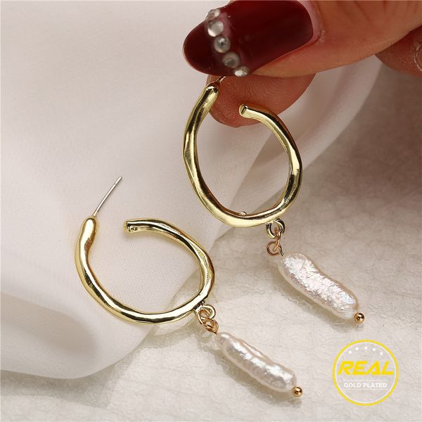 

17km gold color metal freshwater pearl hoop earrings s925 sterling silver pin geometric circle wedding earrings women jewelry, Golden;silver