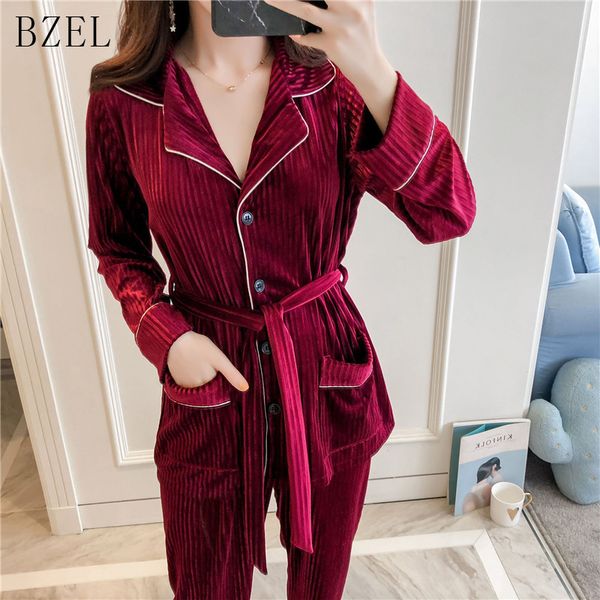 

bzel autumn and winter new pajamas sets long sleeved homewear turn-down collar sleepwear flannel warm sleepwear pyjamas women, Blue;gray