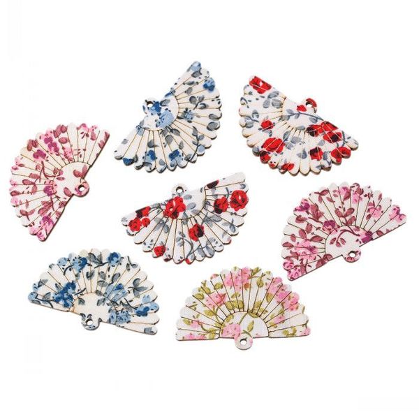 

new wood charm pendants fan mixed flower pattern 4.9cm x 3.1cm,30 pcs, Silver