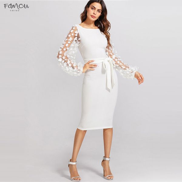 

White Embroidery Contrast Mesh Belted Pencil Dress Solid Knot Zipper Dress Spring Women Ol Dress Bodycon