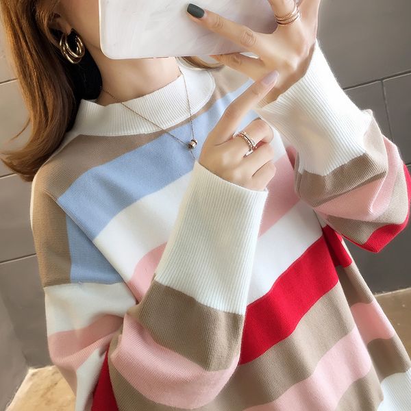 

good quality] autumn korean 2019 new rainbow stripe pullover knitted sweater for girls, White;black