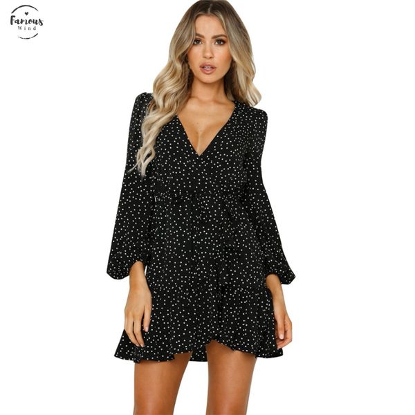 

party vintage women dress long sleeve female v neck autumn 2020 winter dress elegant dot print dresses vestidos, Black;gray