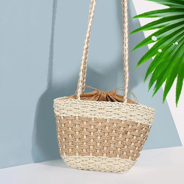 

casual straw phone pouch drawstring girls shoulder weaving large messenger handbags women beach crossbody satchel sling bags