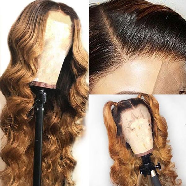 

lace front human hair wig for black women remy brazilian t4/27 color loose wave natural hairline pre plucked enough full, Black;brown