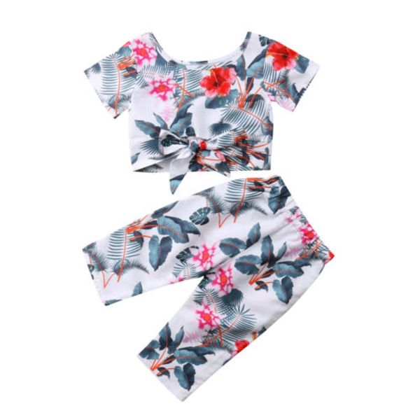 

new style kid girls floral clothes baby girl summer floral t-shirt tee+long pants trousers infant children fashion clothes, White