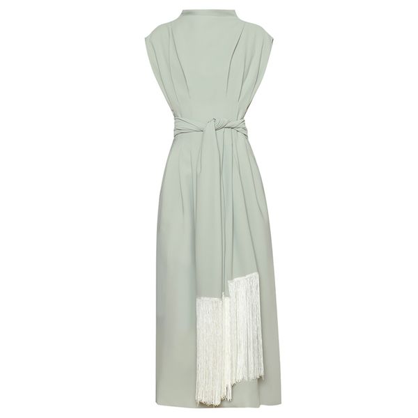 

stand collar sleeveless twist knotted waist fringed tassel dress green / black elegant ladies office dress boho long, Black;gray