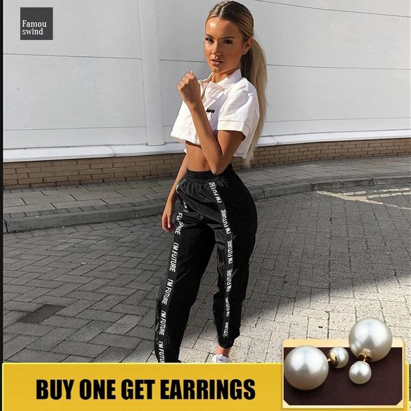 

pants trousers women midweight full fashion loose jogger mujer sporting elastic waist black casual combat streetwear length, Black;white