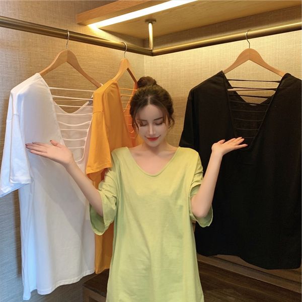 

2020 nightclub v-neck midi t-shirt women's front t-shirt and rear solid color loose top, White