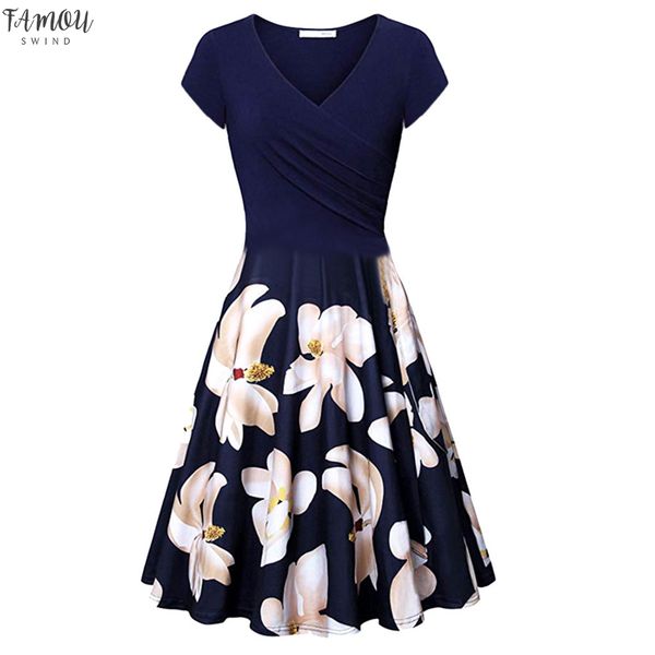 

2020 новое лето женщин платье цветочные печатается с коротким рукавом плиссированные крест v-образным вырезом урожай элегантный flared sundr, Black;gray