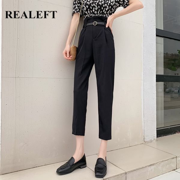 

realeft 2020 new black korean style women formal harem pants with belt high waist elegant office lady ankle-length bud pants, Black;white