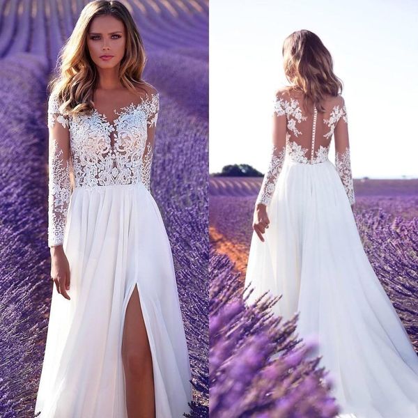 

2019 long sleeves lace wedding dresses with high split a line chiffon floor length sheer neck and back country boho bridal, White