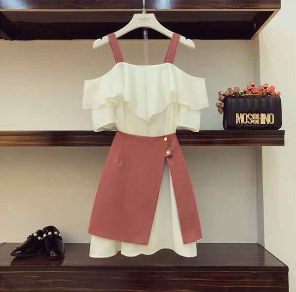

2019 new summer women's off shoulder lotus leaf chiffon blouse + high-waisted irregular skirt two piece girl sweet skirt suits, White