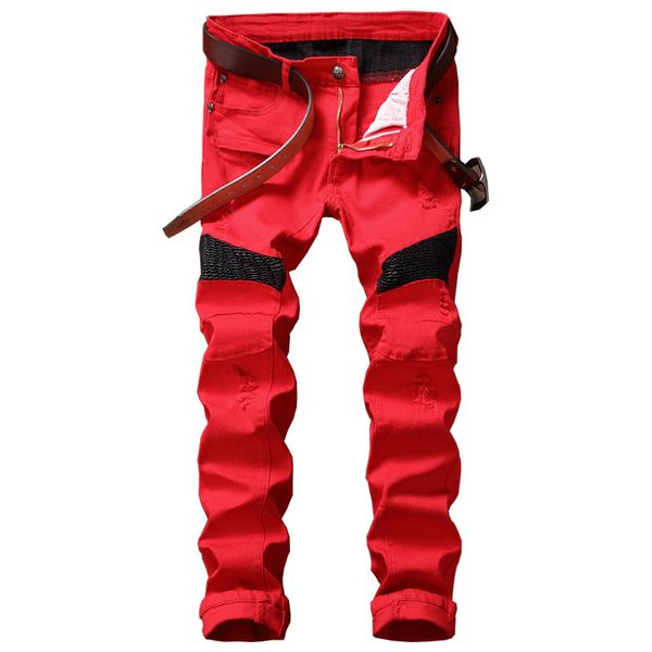 

new biker men jeans homme patchwork hip hop hole slim fit distressed ripped denim male washed punk cotton jeans, Blue