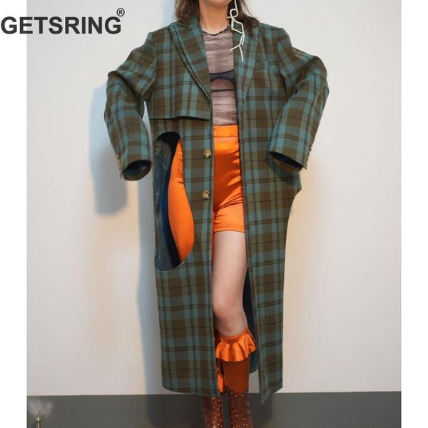 

getsring women trench coat double collar single breasted plaid windbreaker long sleeve hollow out female overcoat irregular, Tan;black