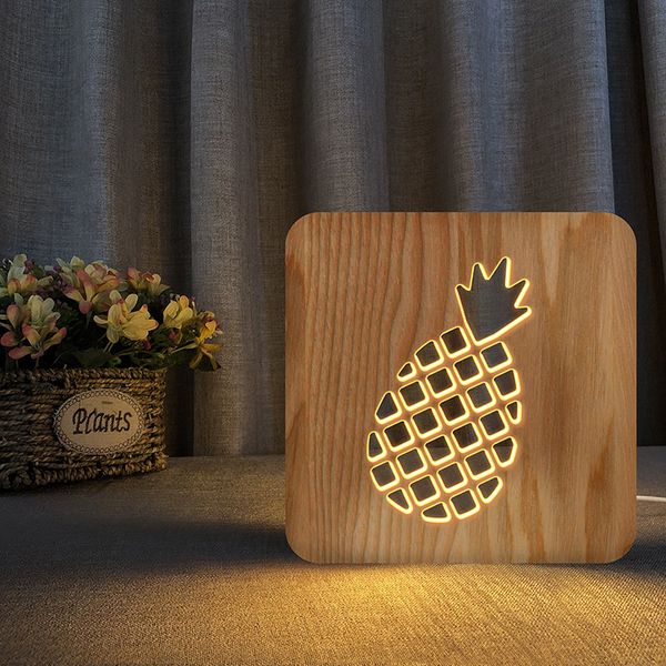 lampada da tavolo a luce notturna in legno con frutta e ananas, lampada creativa in legno scavato, lampada da notte USB per regali per bambini