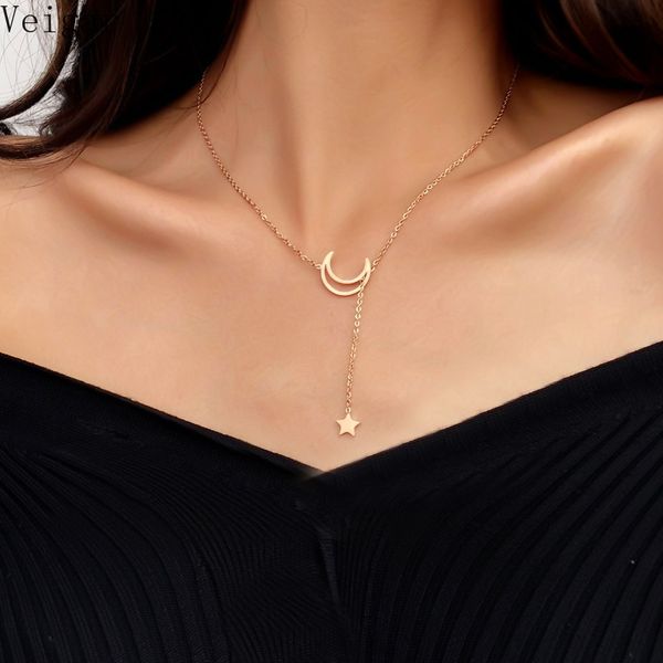 

titanium steel star moon pendants necklaces female 2019 fashion jewelry elegant ladies clavicle chain party necklace gold color, Silver