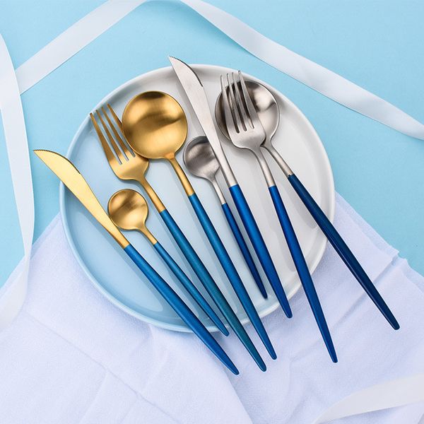 

restaurant knife and fork spoon cutlery stainless steel 304 silver gold silverware flatware with blue handle