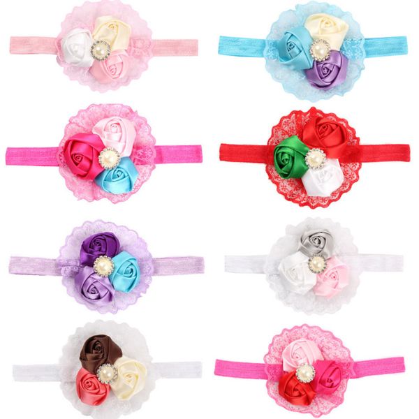 

children kids pearl crystal flower headbands baby solid color elastic hairbands party club fashion hair accessories, Slivery;white
