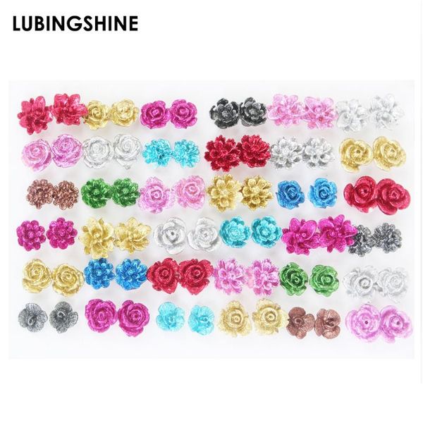

36pairs/set colorful resin rose flower stud earrings for girls children anti allergic stud ear jewelry for women fashion gift, Golden;silver