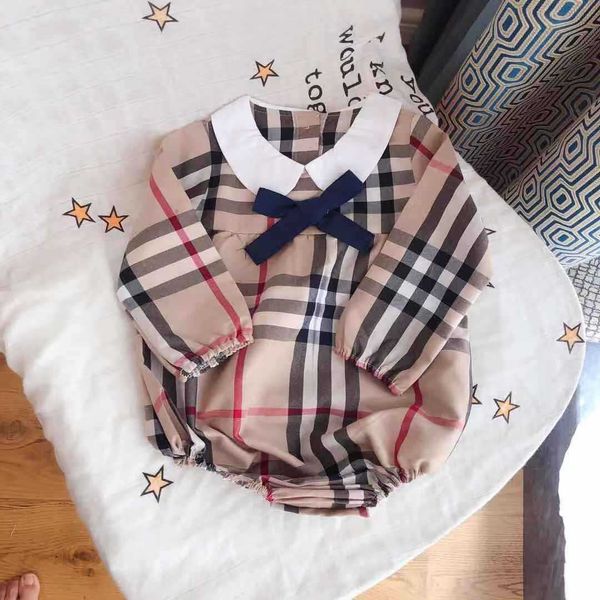 

ins infant kids plaid romper baby girls bows tie lapel short sleeve jumpsuits baby boy clothes newborn kids cotton diaper new style, Blue