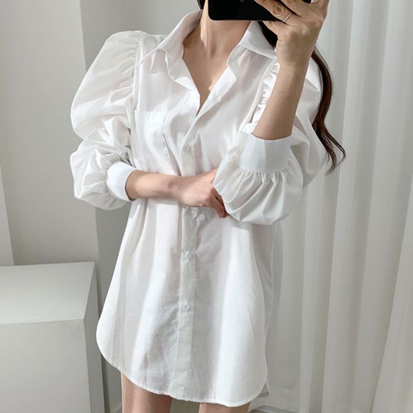 

women's blouses & shirts 2021 women summer blouse fashionable single breasted casual pockets puff sleeve wild office lady white clothe