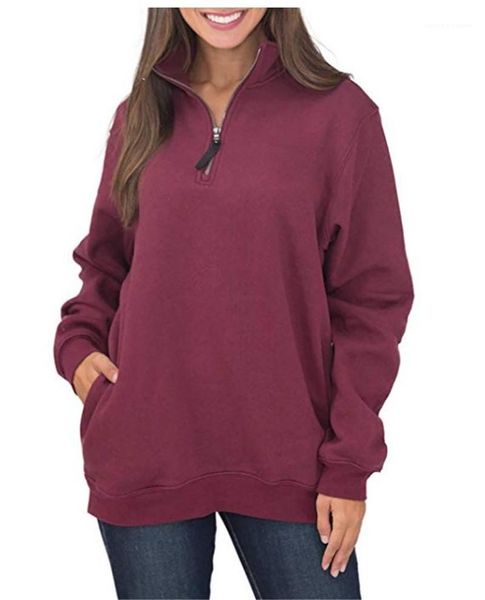 

женская толстовка с длинным рукавом сплошной цвет свободные женские кофты с застежкой-молнией мода женская одежда стенд воротник зима, Black