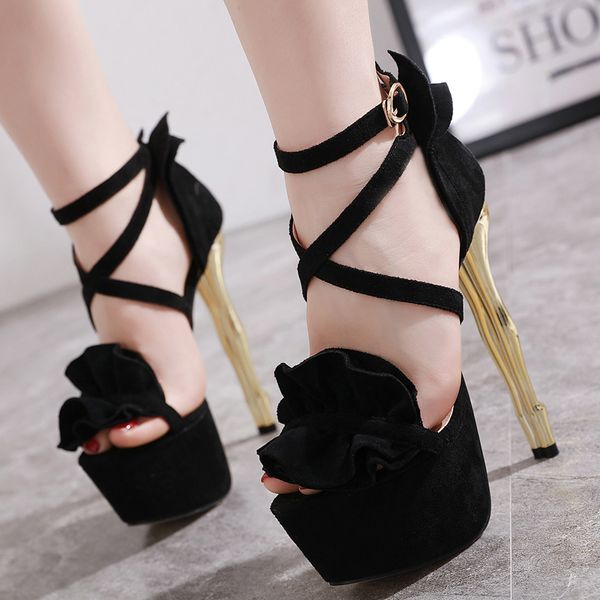 

2020 summer women platform sandals flower design flock cross strap ankle buckle strap sandals thin high heels sweet pump, Black