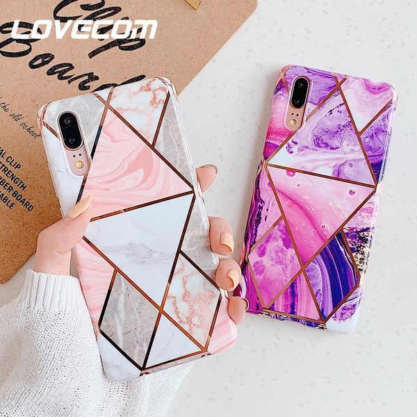 

custom lovecom geometric marble texture phone case for huawei p40 pro p30 p20 lite mate 30 20 lite electroplated soft imd back cover