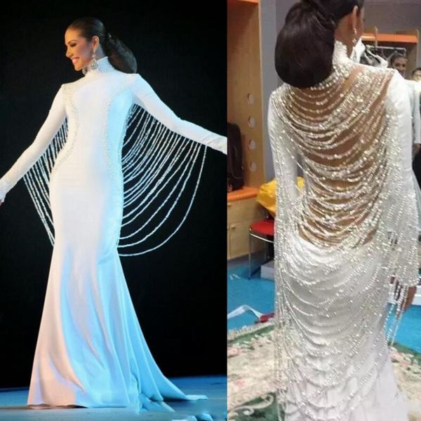 Médio Oriente Branco Vestidos de Baile Surpreendente Beading Correntes Coberto de Volta Vestidos de Noite Mangas Compridas Sereia Mulheres Vestido de Festa Formal