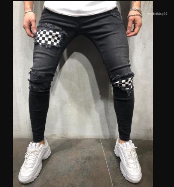 

дизайнерские джинсы колено дырка карандаш брюки панелей мода pantalones скейтборд мужские брюки мужские street style, Blue