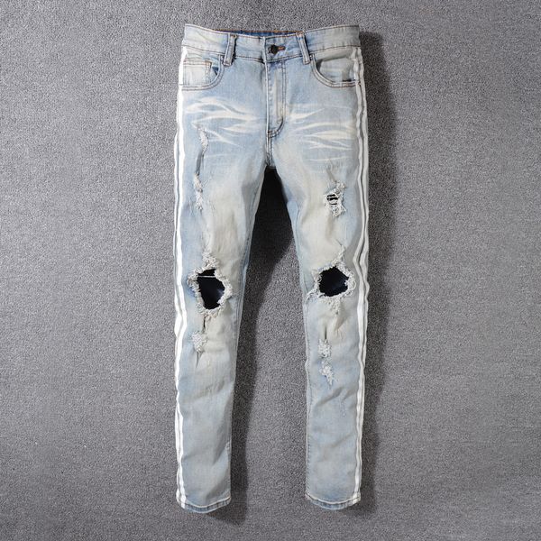 

2018 Newly Fashion Men's Jeans High Quality Skinny Fit Ripped Jeans Men Elastic Punk Pants Hip Hop White Stripe Printed