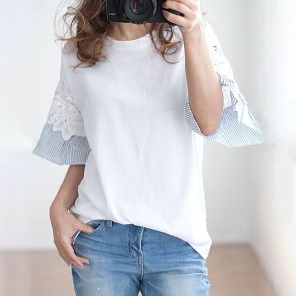 

women summer 2020 white o neck short sleeve female summer elegant women blouse