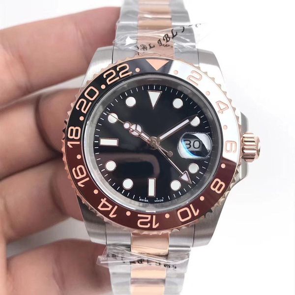 

роскошные часы gmt механизм с автоподзаводом 40 мм сапфировое розовое золото ремешок керамический безель оригинальный раскладывающаяся засте, Slivery;brown