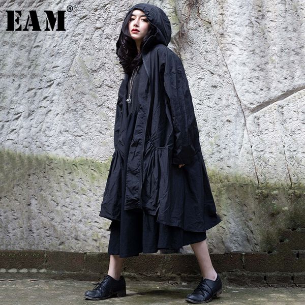 

eam] 2019 new spring summer lapel hooded long sleeve zipper pleated loose personality windbreaker women trench fashion 1c104, Tan;black