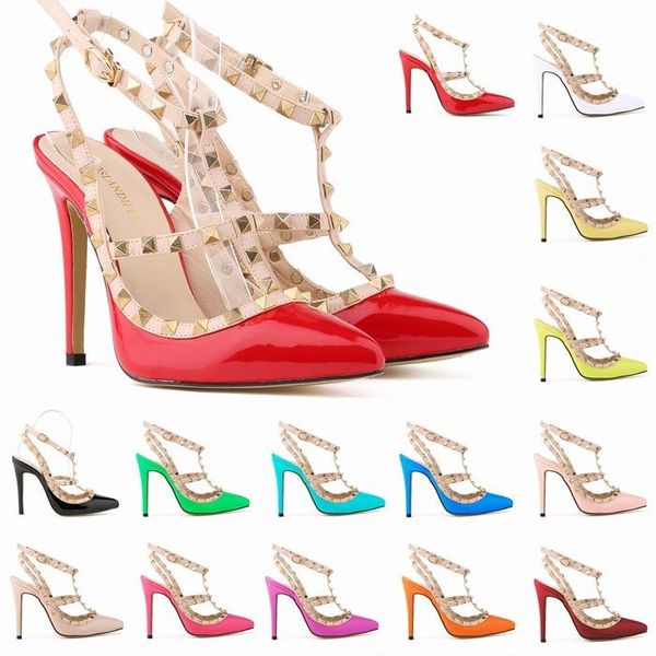 

fashion pointed toe 2-strap with studs high heels patent leather rivets sandals women shoes valentine studded strappy high heel shoes, Black