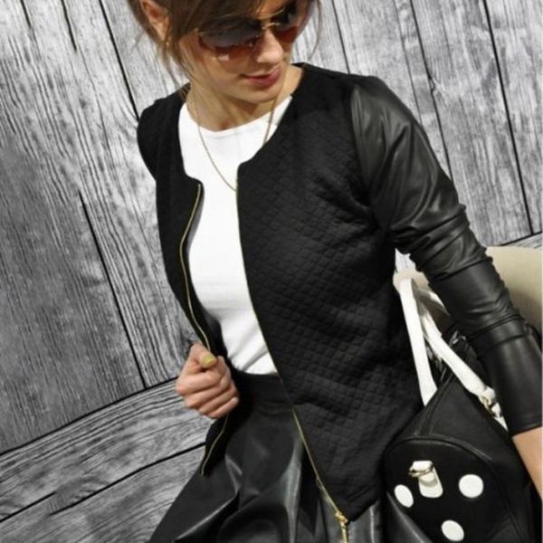 

cotton press leather jackets women long sleeve autumn winter coat black white patchwork slim short jackets with zippers x3, Black;brown