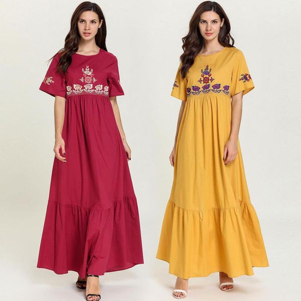 

summer new floral embroidery draped maxi muslim dress for women plus size arab islamic dubai moroccan abaya casual robe vkdr1682, Red