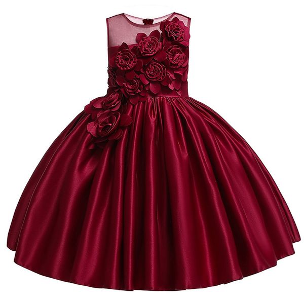 

baby girl 3d flower silk princess dress for wedding party elegant kids dresses for toddler girl children fashion clothing, Red;yellow