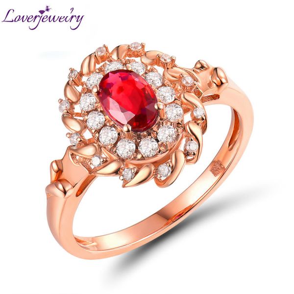 

loverjewelry rings 18k rose gold genuine diamond women ring oval 4x6mm red ruby engagement rings for ladies fine jewelry gift, Golden;silver