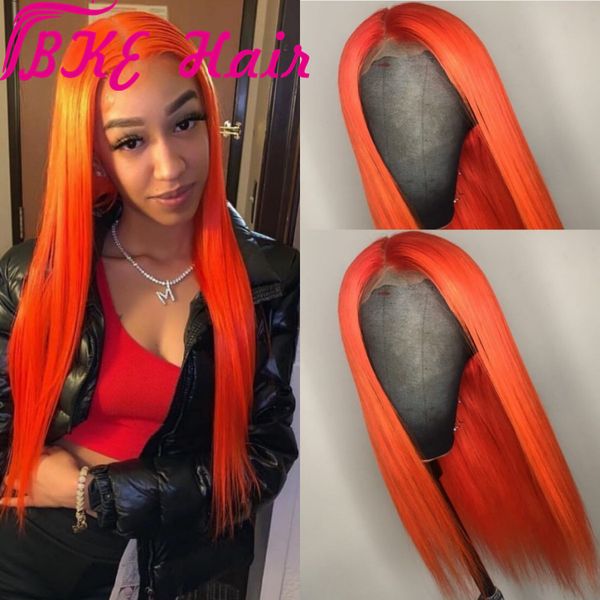 

heat resistant long silky straight orange color wigs with baby hair synthetic lace front wigs for black american women